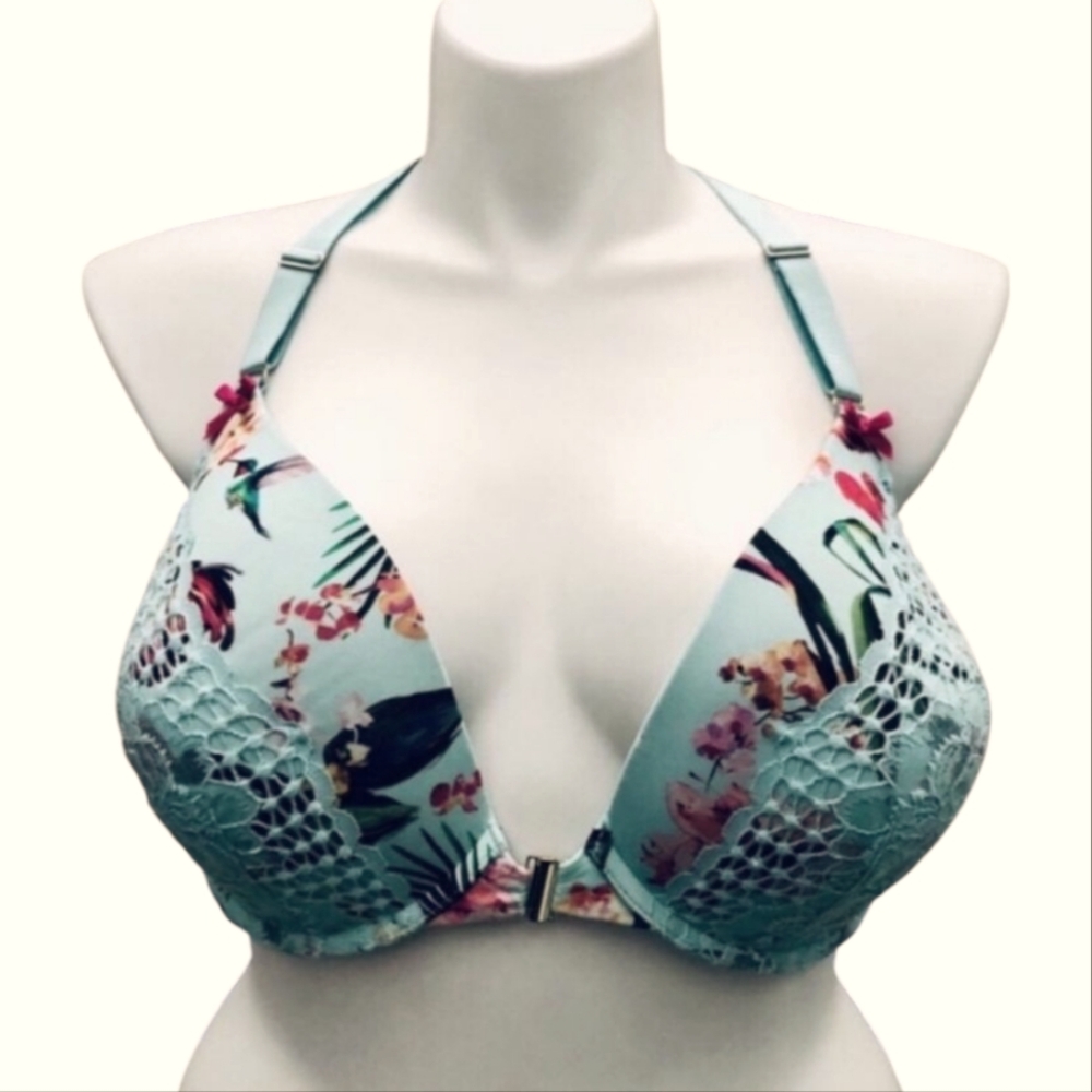 Cacique Front Closure Floral W Lace Boost Plunge Bra Sz42C